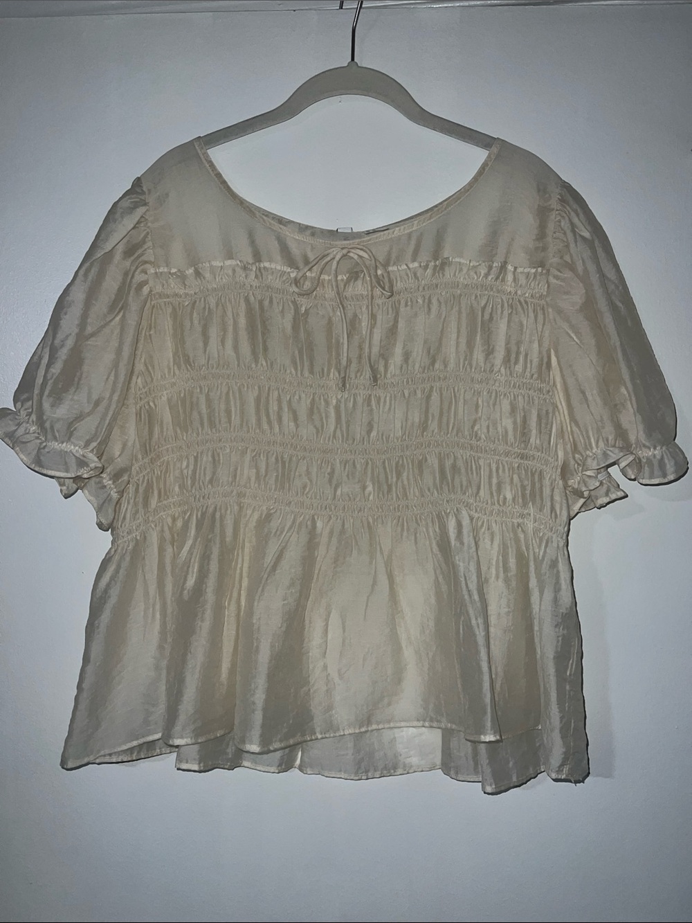 H&M Cream Smocked Peasant Blouse with Tie